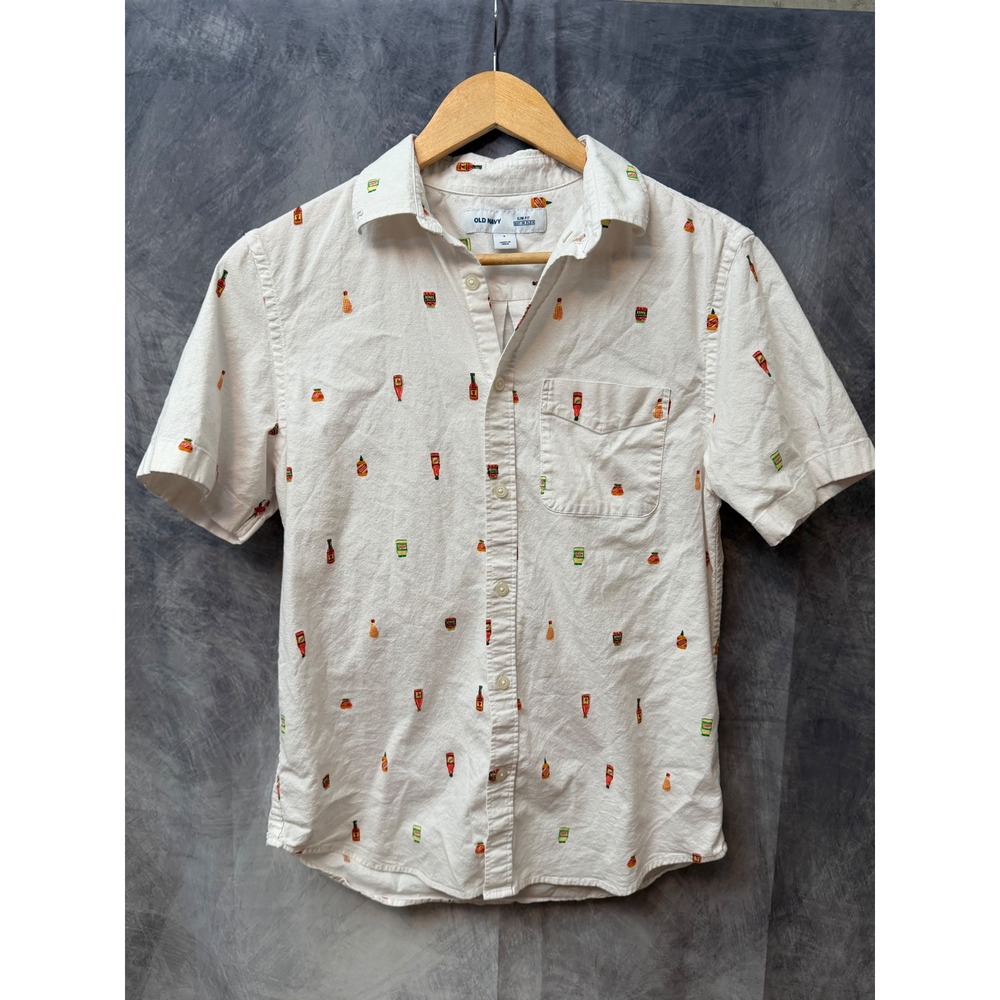 Old Navy Mens Small‎ Slim Fit Hot Sauce Condiment Print Short Sleeve Shirt White
